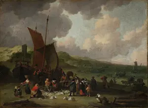 Locals Prints: The Beach at Scheveningen with Returning Fisherman, 17th century. Creator: Peeter Bout