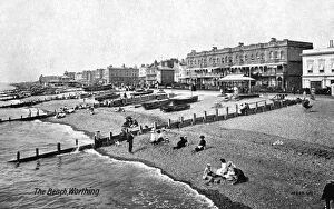 Coastal Resort Gallery: The beach at Worthing, West Sussex, 1917.Artist: Valentine & Sons Publishing Co