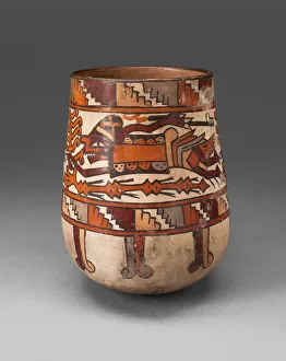 Nazca Prints: Beaker Depicing Costumed Ritual Performer Holding Ornamental Staff and Weapons