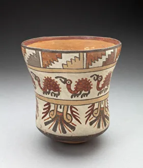 Nazca Prints: Beaker Depicting Bands of Spotted Birds and Geometric Motifs, 180 B. C. / A. D. 500
