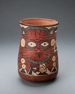Violence Gallery: Beaker Depicting a Costumed Performer Holding Decapitated Head, 180 B.C. / A.D. 500
