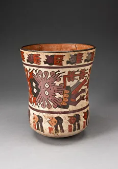 Beaker Depicting Costumed Ritual Performer with Abstract Trophy Heads, 180 B.C./A.D. 500 Beaker Depicting Costumed Ritual Performer with Abstract Trophy Heads, 180 B.C./A.D. 500