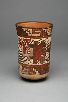Violence Gallery: Beaker Depicting a Decapitated Head Wearing an Intricate Headdress, 180 B.C. / A.D. 500