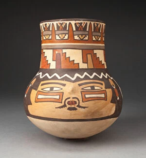 Bound Lips Gallery: Beaker Depicting a Human Head with Bound Lips and Geometric Motifs, 180 B.C. / A.D. 500