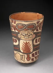 Nazca Prints: Beaker Depicting a Male Figure with Body Stretched and Abstract Motifs