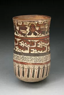 Beaker Depicting Rows of Abstract Patterns and Costumed Performers, 180 B.C. / A.D. 500