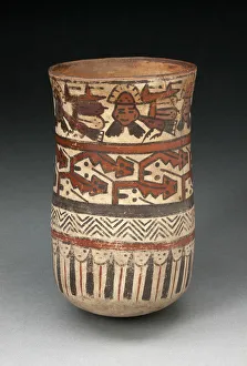 Nazca Prints: Beaker Depicting Rows of Abstract Patterns and Costumed Performers, 180 B. C. / A. D. 500