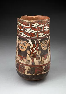 Beaker Depicting Rows of Figures Holdings Staffs or Plants with Geometric Motifs, 180 B.C