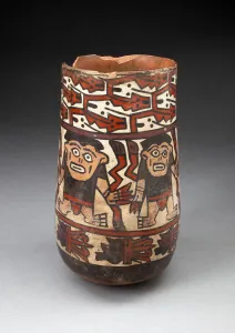 Nazca Prints: Beaker Depicting Rows of Figures Holdings Staffs or Plants with Geometric Motifs, 180 B. C