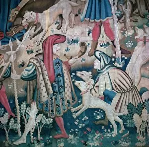Devonshire Gallery: Detail of bear-hunt from the Devonshire Hunting Tapestries, 15th century