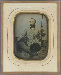 Daguerreotype Prints: Bearded Hunter with gun and two dogs, about 1850. Creator: Unknown