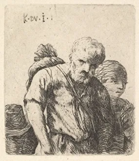 Bearded man shown in half-length with bundle slung over right shoulderblade, flanke