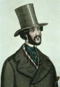 Nordic Museum Prints: Bearded man wearing tall hat and coat with wide lapels, 1843. Creator: Unknown