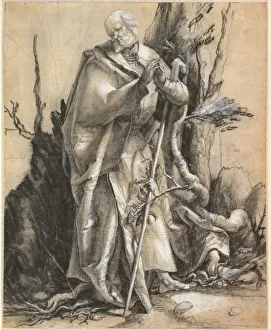 White Colour On Paper Prints: Bearded Saint with walking stick, c. 1516. Artist: Grunewald, Matthias (ca 1470-1528)