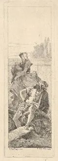 Tiepoli Prints: A bearded, seated man looks over his right shoulder toward a child and woman bearin