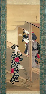 Ink And Colours On Silk Prints: Three Beauties Chatting by a Veranda, Japan, About 1792. Creator: Shunsho