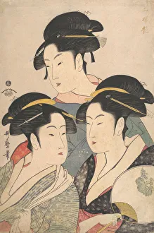 Hairstyles Prints: Three Beauties of the Kwansei Period, ca. 1791. Creator: Kitagawa Utamaro
