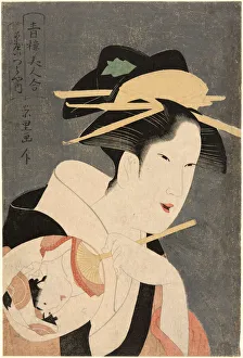 Beauties of the Pleasure Quarters... Hostess of the Izumiya Teahouse, late 18th-early 19th century. Creator: Rekisentei Eiri
