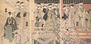 Utagawa Gallery: Beauties on a Veranda among Cherry Blossoms from which a Samurai is Departing, ca. 1800
