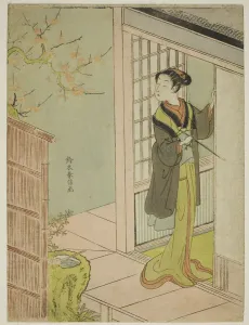 Sliding Door Prints: Beauty Admiring a Bush Warbler Singing in a Plum Tree, c. 1767 / 68