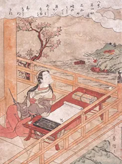 Calligraphy Set Prints: Beauty on a Balcony, Gazing at the Moon, between c1765 and c1770. Creator: Suzuki Harunobu
