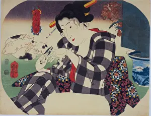 Beauty cutting her nails. From the Series "The Universe of Women" (Shinramanzo), c1842-1845. Creator: Kuniyoshi, Utagawa (1797-1861)