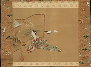 Shamisen Gallery: A Beauty Behind a Screen, Japan, About 1750. Creator: Miyagawa Choshun