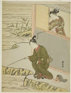 Beauty Teasing a Young Man Fshing, c. 1768. Creator: Suzuki Harunobu