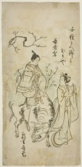 Oxen Collection: Beauty and Young Man Riding an Ox (parody of Kyoyu and Sobu?), c. 1740s
