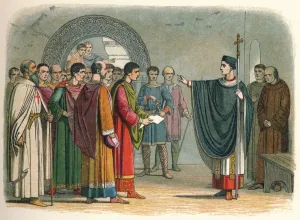 Becket forbids the Earl of Leicester to pass sentence on him, 1162 (1864). Artist: James William Edmund Doyle Becket forbids the Earl of Leicester to pass sentence on him, 1162 (1864). Artist: James William Edmund Doyle