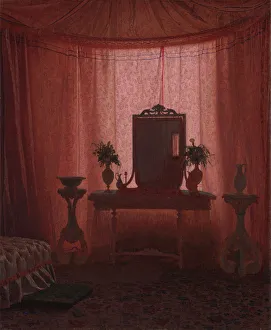 Curtains Prints: A Bedroom in Bernstorff Palace near Copenhagen, ca. 1845. Creator: Johan Vilhelm Gertner