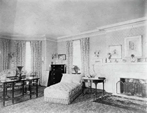 Chimneypiece Prints: Bedroom with fireplace, and padded chaise longue