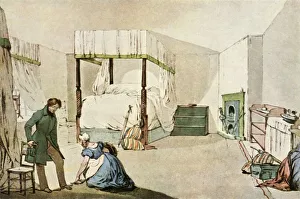 Fireplace Prints: A Bedroom at an Inn, 1830, (1943). Creator: Eugene Louis Lami