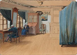 Bedroom Interior. Count Yegor Frantsevich Kankrin (1774-1845) at his desk, 1820s. Artist: Anonymous
