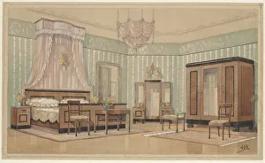 Bedside Prints: Bedroom with light crown in bed sky, c.1925. Creator: Monogrammist HK