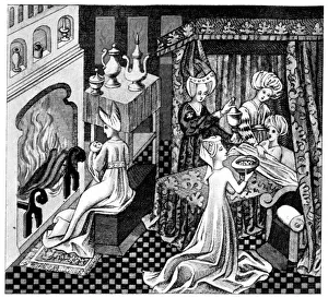 Midwife Prints: Bedroom scene, 15th century, (1910)