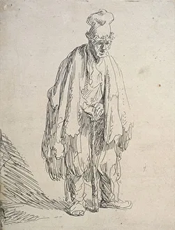 Ragged Prints: Beggar in a high cap, standing and leaning on a stick