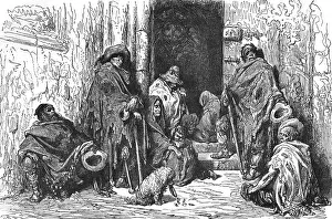 Ragged Prints: Beggars in Cathedral of Barcelona; Notes on Spain, 1875. Creator: Unknown