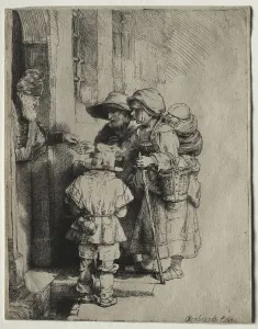 1606 1669 Prints: Beggars Receiving Alms at the Door of a House, 1648. Creator: Rembrandt van Rijn (Dutch
