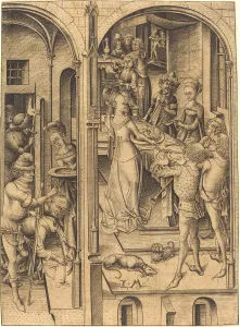 Trumpet Players Prints: Beheading of Saint John the Baptist, c. 1480. Creator: Israhel van Meckenem