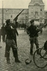 Belgian military cyclists shooting at a German plane, First World War, 1914-1918, (c1920) Belgian military cyclists shooting at a German plane, First World War, 1914-1918, (c1920)