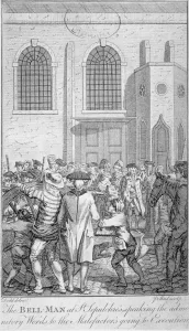 Pollard Prints: Bell Man at St Sepulchre Church, City of London, 1785. Artist: James Pollard
