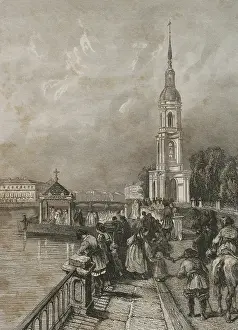 Bell tower of St. Nicholas Naval Cathedral, Saint Petersburg, Russia, 1839. Creator: Hippolyte Lalaisse
