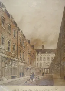 Belle Sauvage Yard, looking towards Ludgate Hill, City of London, 1845