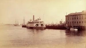 Manhattan Prints: Bellevue Hospital, New York City: a quay on the East River near the hospital