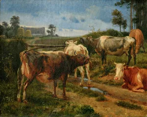 Zealand Denmark Prints: Bellowing cows by the fence gate, 1847. Creator: Johan Thomas Lundbye
