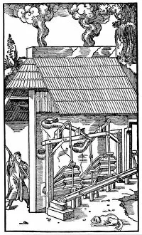 Bellows supplying draught to a smelting furnace, 1556