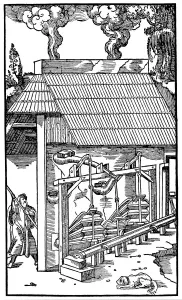 Smelting Prints: Bellows supplying draught to a smelting furnace, 1556
