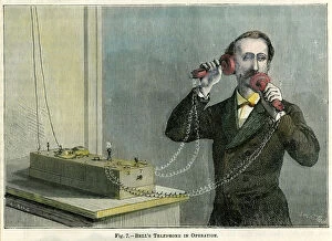Alexander Graham Bell Gallery: Bells telephone in operation, late 19th century.Artist: Gilbert