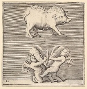 Genius Prints: A Belted Pig and Two Cupids (or Geniuses) with a Butterfly (or Moth), published ca